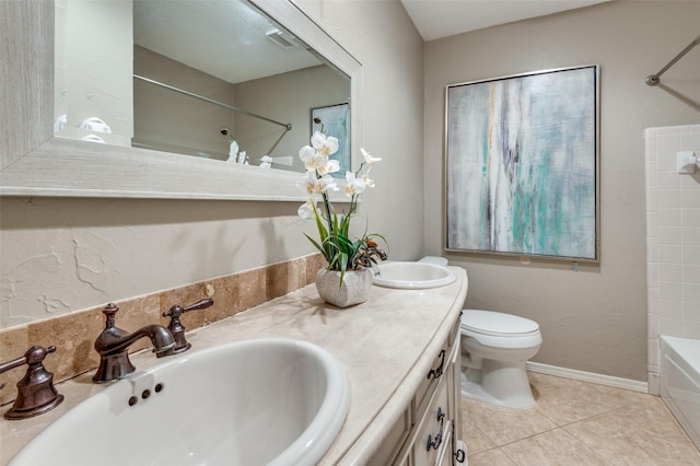 full bath with tile patterned flooring, toilet, a sink, visible vents, and double vanity