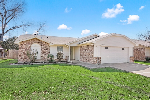 ranch-style home featuring concrete driveway, brick siding, and an attached garage