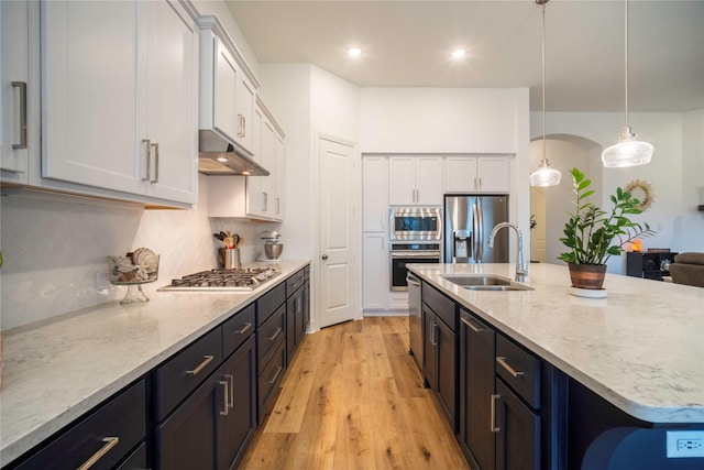 kitchen featuring under cabinet range hood, stainless steel appliances, a sink, white cabinetry, and light wood-style floors