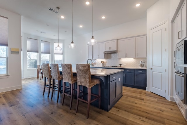 kitchen featuring stainless steel appliances, tasteful backsplash, visible vents, an island with sink, and under cabinet range hood