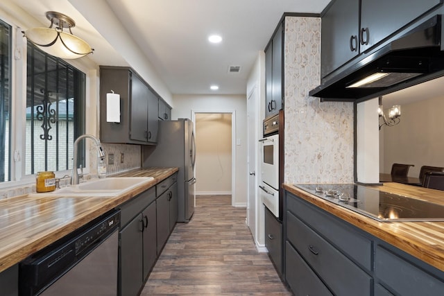 kitchen featuring stainless steel appliances, under cabinet range hood, a sink, and wood counters