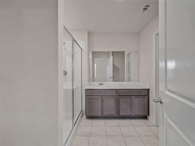 full bathroom featuring a stall shower, tile patterned floors, visible vents, and vanity