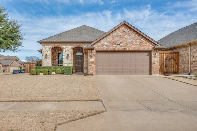 french country style house with a garage, driveway, brick siding, and a gate