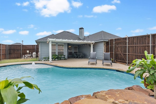 view of swimming pool featuring a patio area, a fenced backyard, a fenced in pool, and a pergola