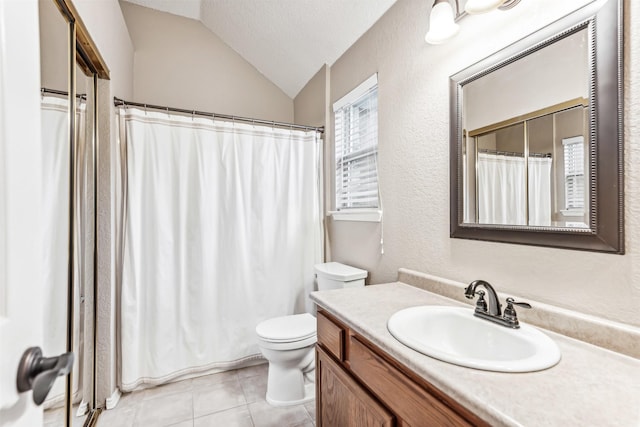 full bathroom with a textured wall, toilet, vaulted ceiling, vanity, and tile patterned floors