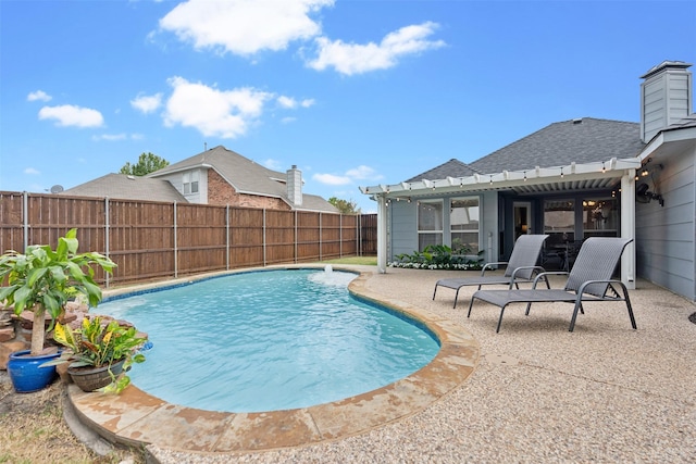 view of pool featuring a patio, a fenced backyard, a fenced in pool, and a pergola