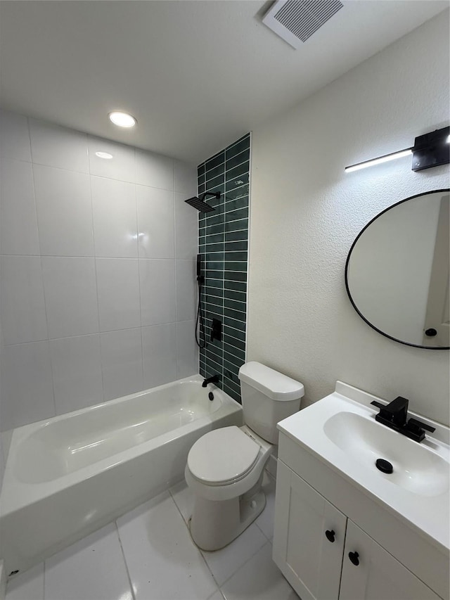 full bath with visible vents, shower / bathing tub combination, toilet, vanity, and recessed lighting