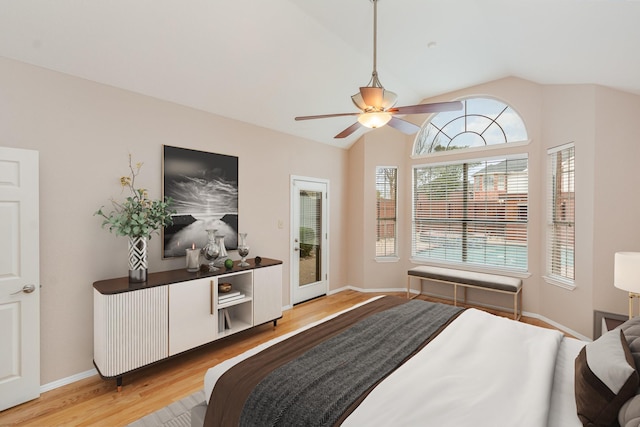 7100 Amethyst Ln, Plano, TX 75025 - bedroom with light wood-style floors, lofted ceiling, ceiling fan, and baseboards