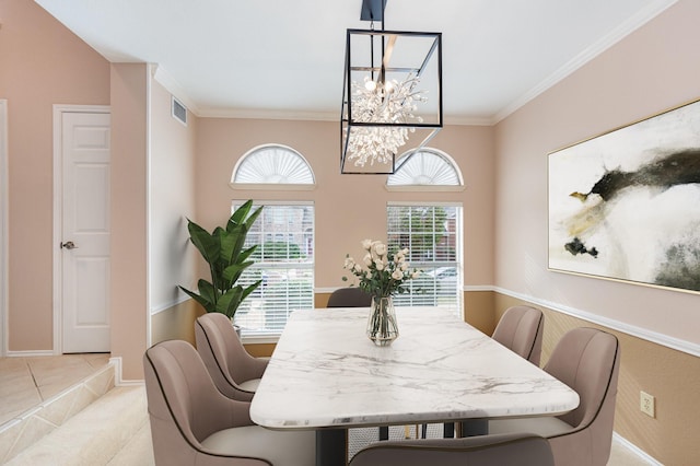 7100 Amethyst Ln, Plano, TX 75025 - dining space featuring a chandelier, crown molding, light tile patterned floors, and baseboards