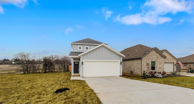 view of front of property with concrete driveway, a front lawn, board and batten siding, and an attached garage