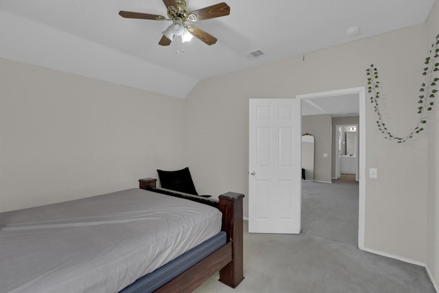 bedroom with lofted ceiling, carpet flooring, ceiling fan, and baseboards