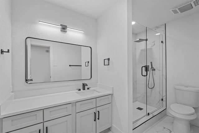 full bathroom featuring marble finish floor, a marble finish shower, visible vents, toilet, and vanity