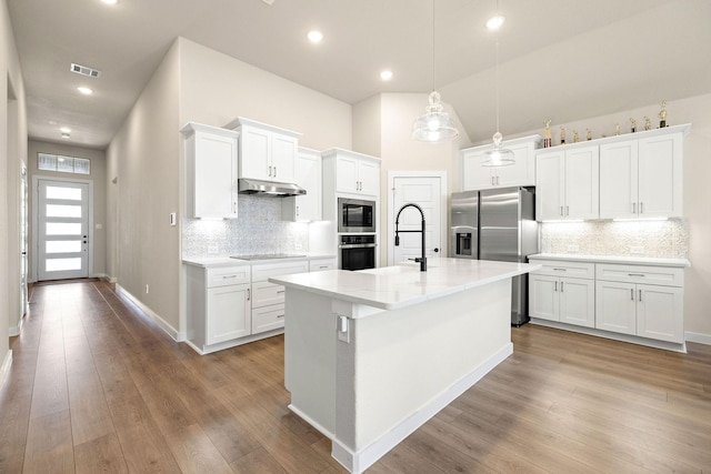 kitchen with visible vents, appliances with stainless steel finishes, wood finished floors, under cabinet range hood, and a sink