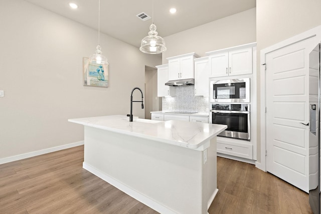 kitchen with under cabinet range hood, wood finished floors, a sink, appliances with stainless steel finishes, and decorative backsplash