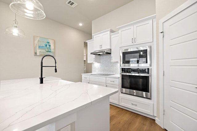 kitchen with under cabinet range hood, stainless steel appliances, a sink, visible vents, and decorative backsplash