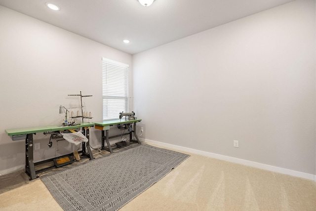 carpeted home office with recessed lighting and baseboards