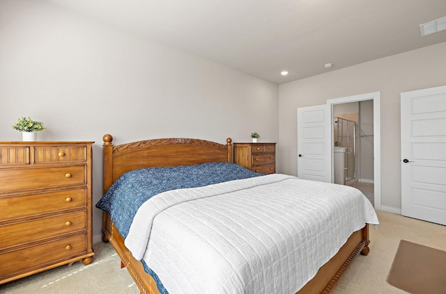 bedroom with recessed lighting, light colored carpet, visible vents, ensuite bathroom, and baseboards