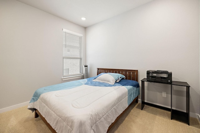 carpeted bedroom with baseboards and recessed lighting