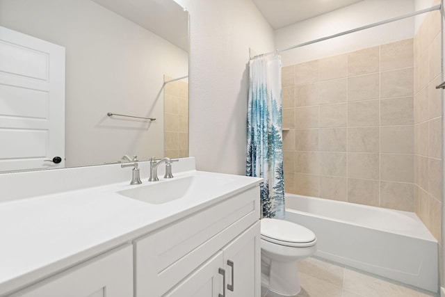 bathroom featuring shower / bath combo, tile patterned flooring, vanity, and toilet