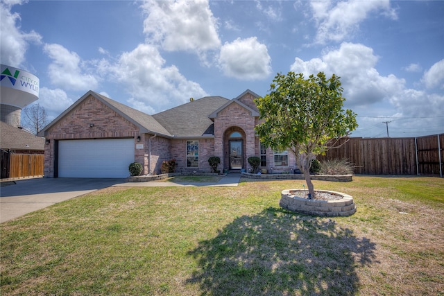 view of front of property featuring an attached garage, brick siding, fence, and a front lawn