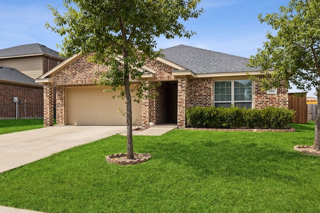 single story home featuring a front yard, brick siding, driveway, and an attached garage