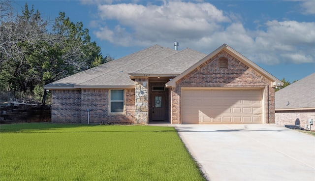 view of front of home with a garage, driveway, brick siding, and a front lawn