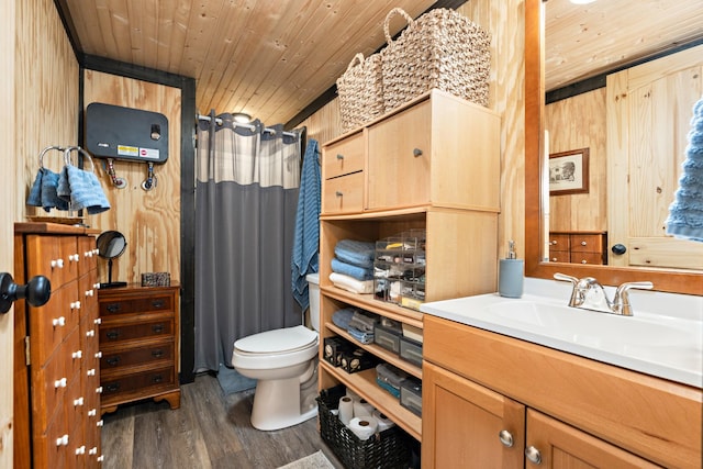 full bathroom with toilet, wood walls, wood finished floors, vanity, and wood ceiling