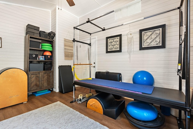 game room featuring a ceiling fan and wood finished floors