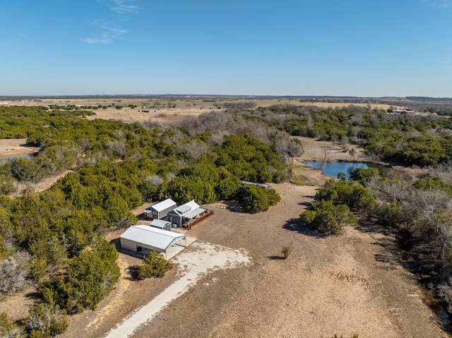 drone / aerial view with a water view and a view of trees