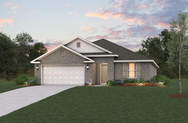 view of front facade with an attached garage, brick siding, driveway, and a front lawn