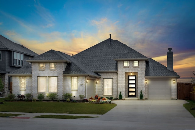 view of front of home featuring brick siding, a lawn, driveway, and a shingled roof