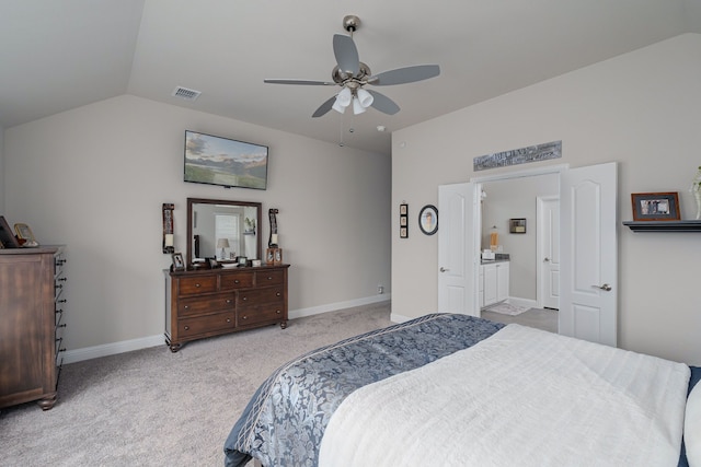 bedroom featuring baseboards, visible vents, lofted ceiling, and light carpet