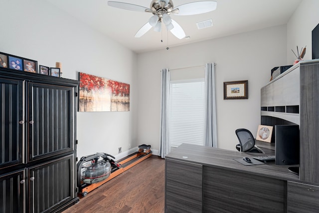 office space featuring dark wood-style floors, a ceiling fan, and visible vents