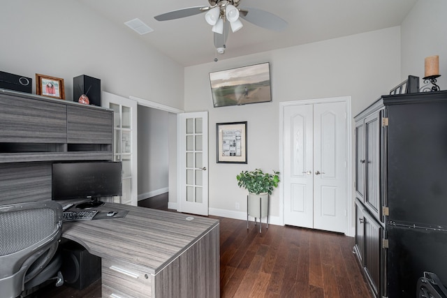 office area featuring visible vents, baseboards, french doors, a ceiling fan, and dark wood-style flooring