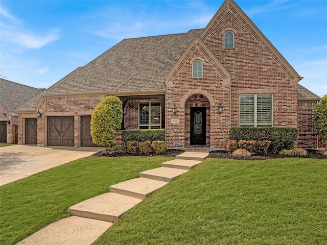 view of front of property featuring brick siding, a front lawn, and a shingled roof