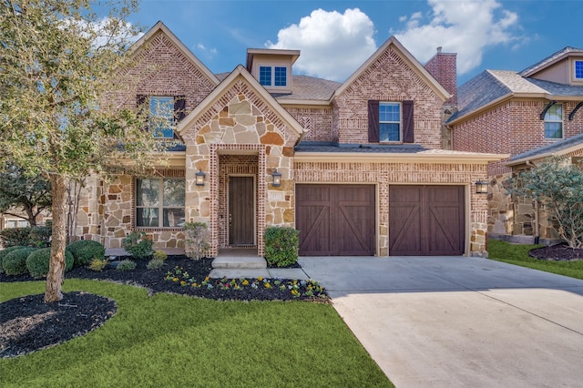 view of front of property with brick siding, concrete driveway, stone siding, an attached garage, and a front yard