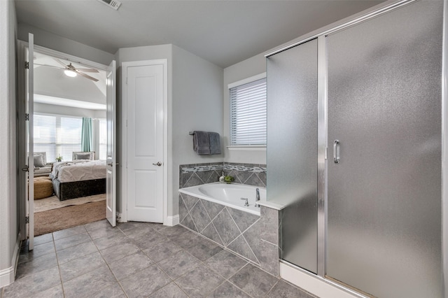 ensuite bathroom with a stall shower, connected bathroom, ceiling fan, tile patterned floors, and a bath