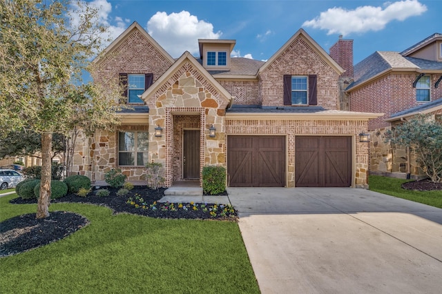 view of front facade with a garage, brick siding, stone siding, concrete driveway, and a front yard