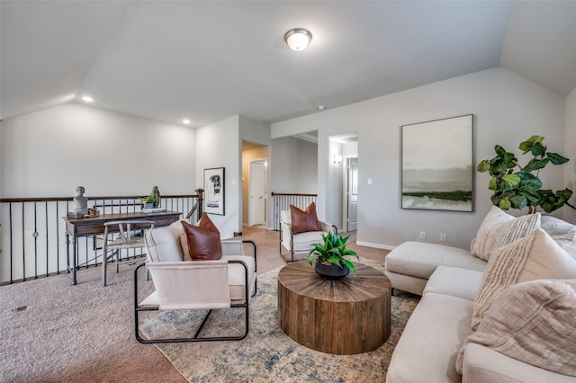 living room featuring lofted ceiling, carpet floors, and recessed lighting