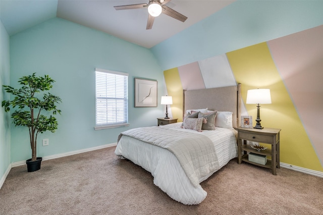 bedroom featuring carpet floors, vaulted ceiling, and baseboards