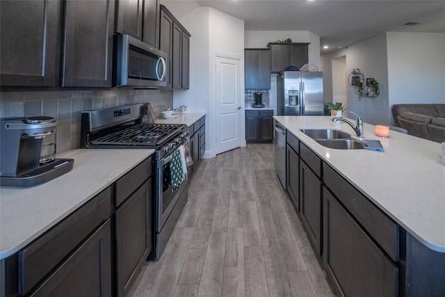 kitchen featuring light wood finished floors, stainless steel appliances, decorative backsplash, open floor plan, and a sink