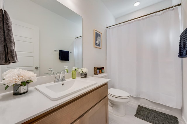 bathroom with shower / tub combo, vanity, toilet, and tile patterned floors