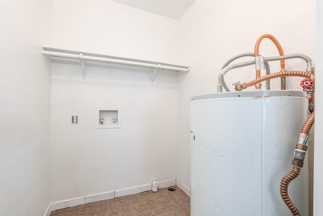 laundry room featuring washer hookup, water heater, hookup for an electric dryer, and baseboards