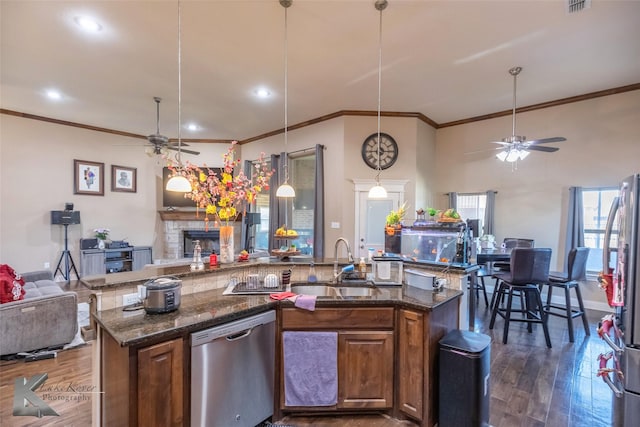 kitchen featuring stainless steel appliances, a fireplace, a sink, open floor plan, and dark wood finished floors