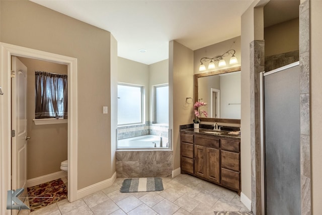 full bath with toilet, tile patterned floors, vanity, a shower stall, and a bath