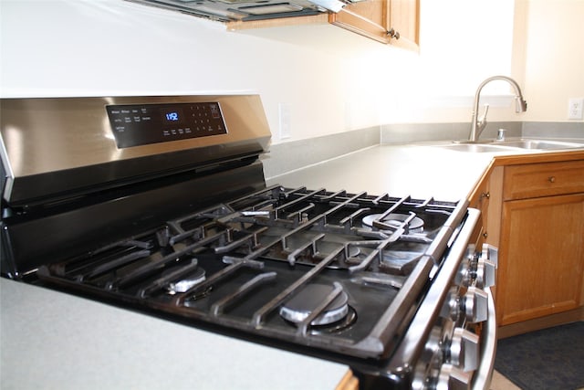 room details with stainless steel gas range oven, brown cabinets, and a sink