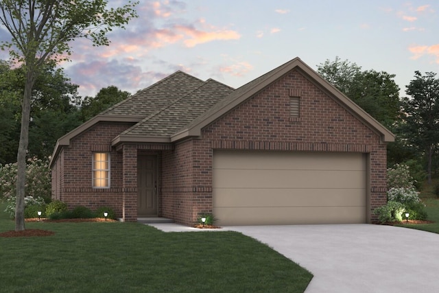 ranch-style home featuring a garage, brick siding, concrete driveway, roof with shingles, and a front yard