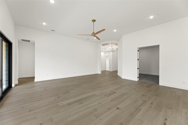 4201 Linear, Prosper, TX 75078 - unfurnished living room with a chandelier, light wood-type flooring, recessed lighting, ceiling fan, and baseboards