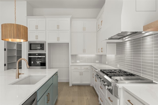 4201 Linear, Prosper, TX 75078 - kitchen with a sink, appliances with stainless steel finishes, light wood-type flooring, wall chimney range hood, and white cabinets