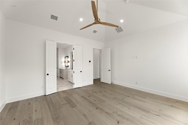 4201 Linear, Prosper, TX 75078 - unfurnished bedroom featuring light wood-type flooring, baseboards, ensuite bathroom, recessed lighting, and a ceiling fan